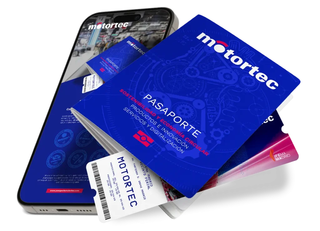 Material promocional de Motortec 2025 con un pasaporte temático sobre sostenibilidad y digitalización, acompañado de un smartphone y ticket de entrada.